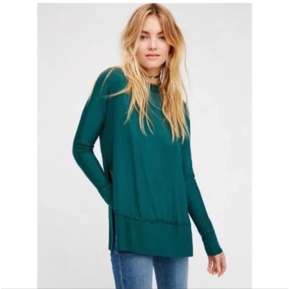 Free People We The Free Luna Green Side Slit Long Sleeve Tee - Picture 2 of 5